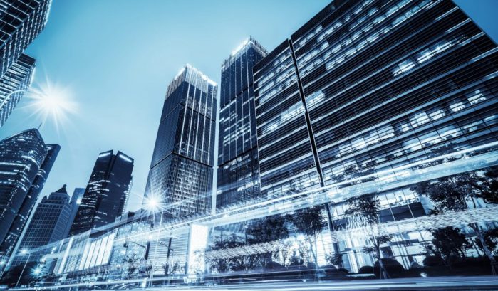 the light trails on the modern building background